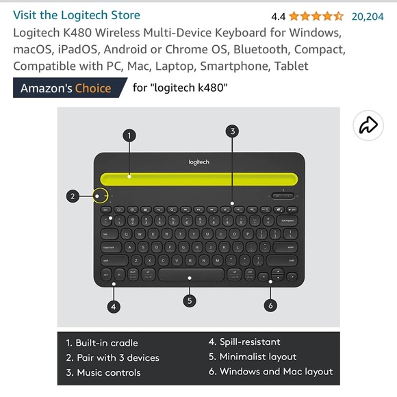 Logitech K480 Wireless Multi-Device Keyboard for Windows, macOS, iPadOS, Android - Picture 3 of 6
